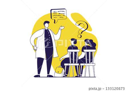 School teachers web concept with flat people for website design. Man works in school, teaching pupils at lessons in classroom, asking questions to schoolboy and schoolgirl. Vector illustration. 133120873
