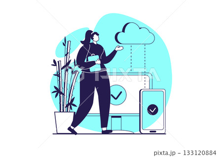 SaaS web concept with flat people for website design. Woman using software as a service, making optimization between computer and mobile phone, doing sync and online backup. Vector illustration. SaaS web concept with flat people for website design. Woman using software as a service, making optimization between computer and mobile phone, doing sync and online backup. Vector illustration. 133120884