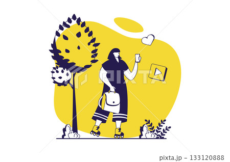 People sit in gadgets web concept with flat people for website design. Woman looking in mobile phone screen while walking in park, browsing or chatting, addicting to content. Vector illustration. 133120888