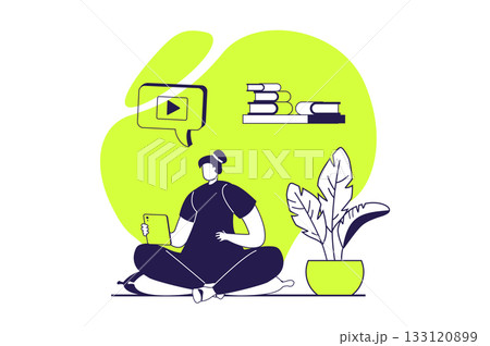 People sit in gadgets web concept with flat people for website design. Woman watching video content at mobile app, spending lot of time online in entertainment and browsing. Vector illustration. People sit in gadgets web concept with flat people for website design. Woman watching video content at mobile app, spending lot of time online in entertainment and browsing. Vector illustration. 133120899