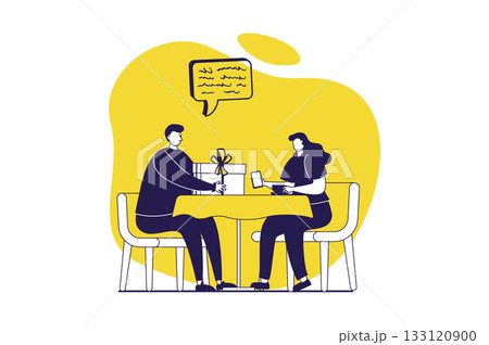 People sit in gadgets web concept with flat people for website design. Man trying to give gift at date to girlfriend, woman ignoring him while distracting to internet browsing. Vector illustration. People sit in gadgets web concept with flat people for website design. Man trying to give gift at date to girlfriend, woman ignoring him while distracting to internet browsing. Vector illustration. 133120900