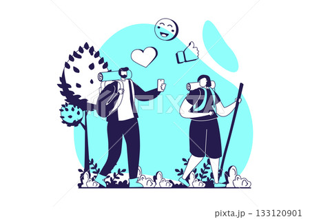 People sit in gadgets web concept with flat people for website design. Man and woman hiking and taking selfie and photos, spending time in smartphone, streaming their traveling. Vector illustration. 133120901