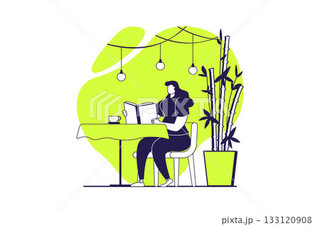 People reading book web concept with flat people for website design. Woman reads literature while sitting cafe table and drink coffee, bookworm enjoying with different texts. Vector illustration. 133120908