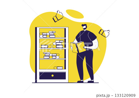 People reading book web concept with flat people for website design. Man reads literature while standing by bookshelf, bookworm pastime with different texts, choosing in bookshop. Vector illustration. 133120909