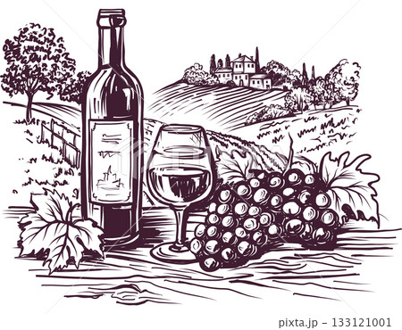 Wine Glass, Bottle, Grape against the Backdrop of a Rural Landscape with Vineyards Wine Glass, Bottle, Grape against the Backdrop of a Rural Landscape with Vineyards 133121001
