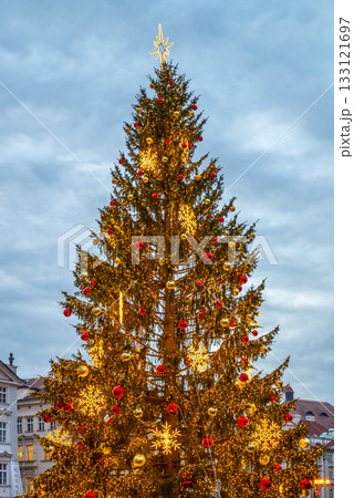 Decorated and illuminated christmas tree in the city 133121697