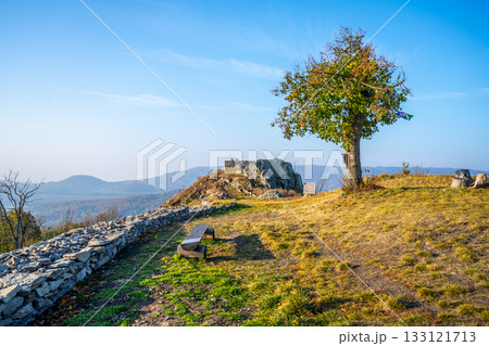 Kalich medieval castle ruins on the mountain summit. Used by Hussite movement army leader Jan Zizka of Trocnov. Trebusin village in Central Bohemian Uplands, Czech Republic 133121713