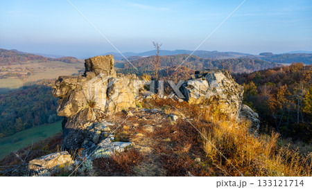 Kalich medieval castle ruins on the mountain summit. Used by Hussite movement army leader Jan Zizka of Trocnov. Trebusin village in Central Bohemian Uplands, Czech Republic Kalich medieval castle ruins on the mountain summit. Used by Hussite movement army leader Jan Zizka of Trocnov. Trebusin village in Central Bohemian Uplands, Czech Republic 133121714