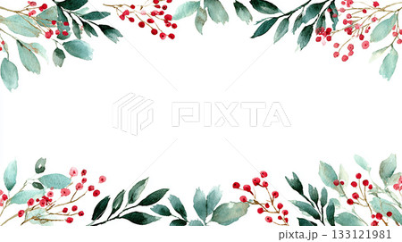 水彩風のヒイラギと赤い実のボーダー装飾イラスト素材 133121981