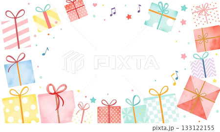 北欧風のギフトボックスと音符のお祝い用可愛い背景イラスト 北欧風のギフトボックスと音符のお祝い用可愛い背景イラスト 133122155