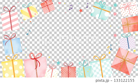 北欧風のギフトボックスと音符のお祝い用可愛い背景イラスト 133122155