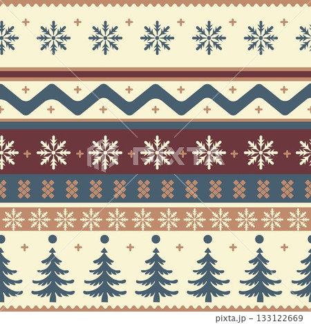 A cozy Scandinavian-style winter pattern featuring snowflakes, fir trees, and decorative stripes. Perfect for packaging, textiles, holiday cards, and festive designs 133122669
