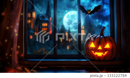 ハロウィンのかぼちゃとお城の背景　AI画像 133122784