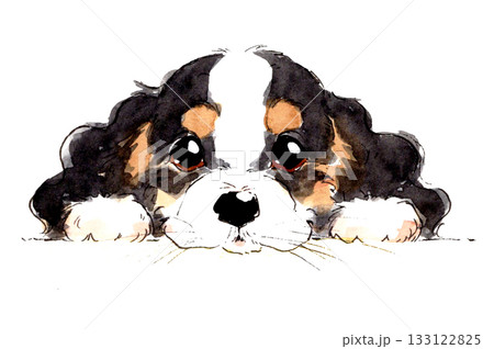 伏せてこちらを見る可愛い子犬の水彩イラスト 133122825