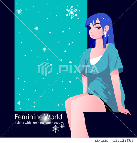 雪降るクリスマスの夜に窓辺に座る女性 133122863