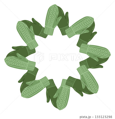 Simple vector illustration of cute green knitted mittens arranged in a circular frame. Winter holiday design, Christmas decoration, isolated on white background, perfect for greeting cards and prints Simple vector illustration of cute green knitted mittens arranged in a circular frame. Winter holiday design, Christmas decoration, isolated on white background, perfect for greeting cards and prints 133123298