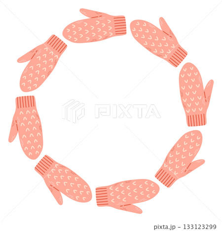 Simple vector illustration of cute pink knitted mittens arranged in a circular frame. Winter holiday design, Christmas decoration, isolated on white background, perfect for greeting cards and prints 133123299