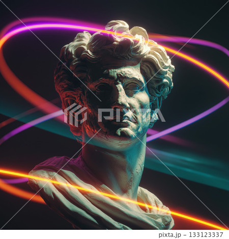 Marble bust illuminated with colorful lights in a dark setting, creating an ethereal atmosphere of art and beauty 133123337