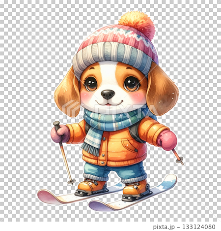 Cute watercolor character illustration of a skiing beagle 2 / Material for flyers and posters 133124080