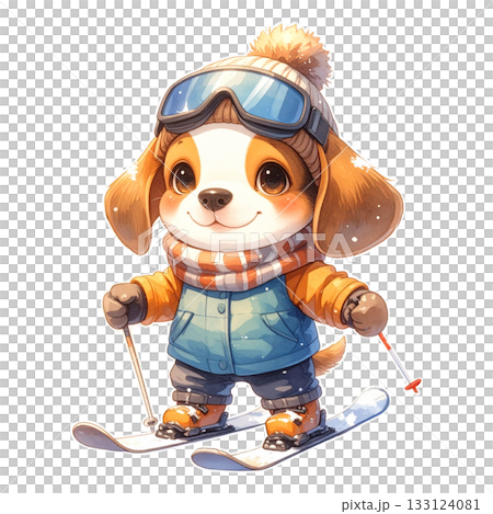 Cute watercolor character illustration of a skiing beagle 1 / flyer or poster material 133124081
