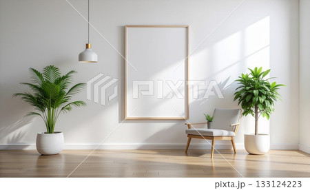 白壁のシンプルな部屋に飾られたポスター 133124223