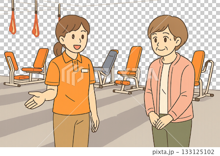 Illustration of a caregiver and an elderly woman showing exercise equipment at a day care center Illustration of a caregiver and an elderly woman showing exercise equipment at a day care center 133125102