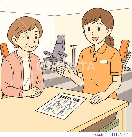 デイサービスで職員が高齢者に運動器具を丁寧に説明しているイラスト デイサービスで職員が高齢者に運動器具を丁寧に説明しているイラスト 133125104