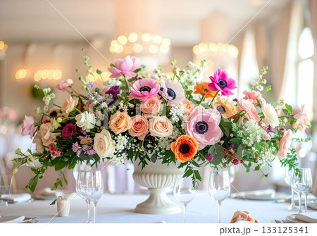 華やかなフラワーアレンジのウェディングパーティーのテーブル 133125341