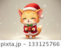 Cute orange cat in smiling face in red Santa Claus costume. 133125766