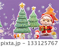 Cartoon picture of orange cat wearing red Santa Claus costume on Christmas celebration background. 133125767