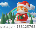 Cartoon picture of cute fat orange cat on Christmas background. 133125768