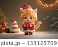 Cute orange cat wearing red Santa Claus costume on Christmas party background. 133125769