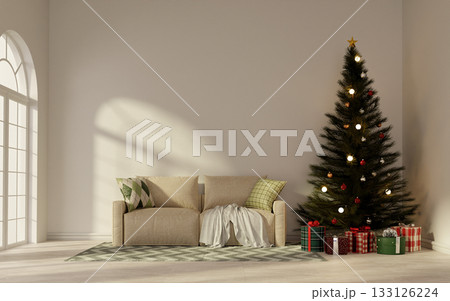 Holiday celebration cozy living room with festive decorations. 3D render illustration 133126224