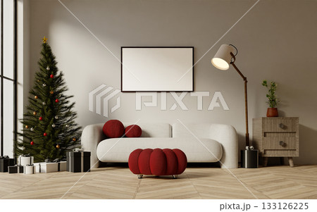 Holiday celebration modern living area with Christmas tree and gifts. 3D render illustration 133126225