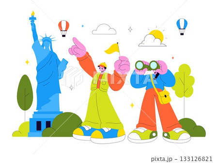 Travel Guide and Tour Vector Illustration Showing Interesting Places to a Group of Tourists for Vacation Planning in a Flat Style Cartoon Background 133126821
