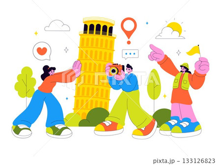 Travel Guide and Tour Vector Illustration Showing Interesting Places to a Group of Tourists for Vacation Planning in a Flat Style Cartoon Background Travel Guide and Tour Vector Illustration Showing Interesting Places to a Group of Tourists for Vacation Planning in a Flat Style Cartoon Background 133126823
