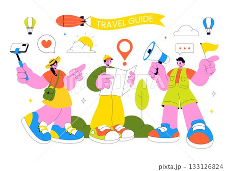 Travel Guide and Tour Vector Illustration Showing Interesting Places to a Group of Tourists for Vacation Planning in a Flat Style Cartoon Background 133126824