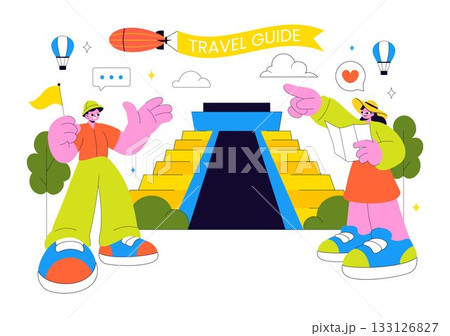 Travel Guide and Tour Vector Illustration Showing Interesting Places to a Group of Tourists for Vacation Planning in a Flat Style Cartoon Background Travel Guide and Tour Vector Illustration Showing Interesting Places to a Group of Tourists for Vacation Planning in a Flat Style Cartoon Background 133126827