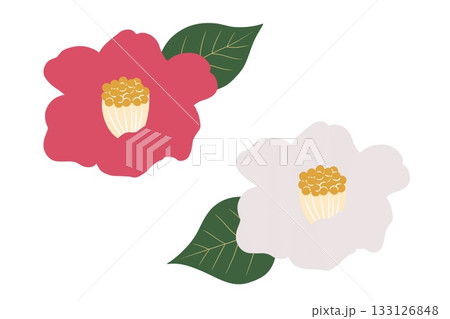 葉っぱ付きのシンプルな椿のイラスト 133126848