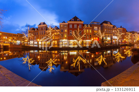 Christmas lights on canal street in Leiden Netherlands at sunset Christmas lights on canal street in Leiden Netherlands at sunset 133126911