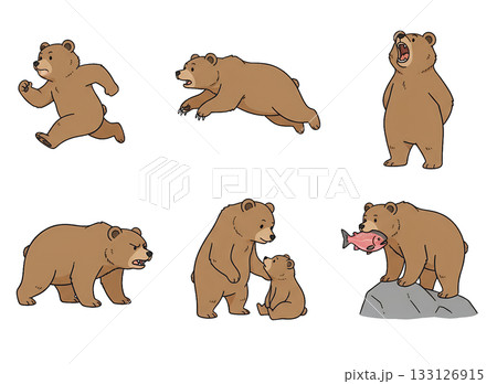 可愛いクマのイラストセット、色々なポーズの茶色の熊、手描き風、動物 133126915