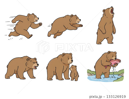 可愛いクマのイラストセット、色々なポーズの茶色の熊、手描き風、動物 133126919