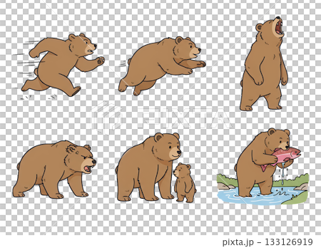 可愛いクマのイラストセット、色々なポーズの茶色の熊、手描き風、動物 133126919