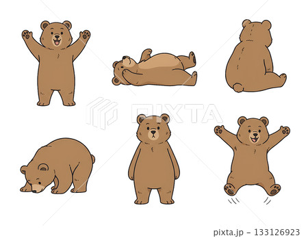 可愛いクマのイラストセット、色々なポーズの茶色の熊、手描き風、動物 可愛いクマのイラストセット、色々なポーズの茶色の熊、手描き風、動物 133126923