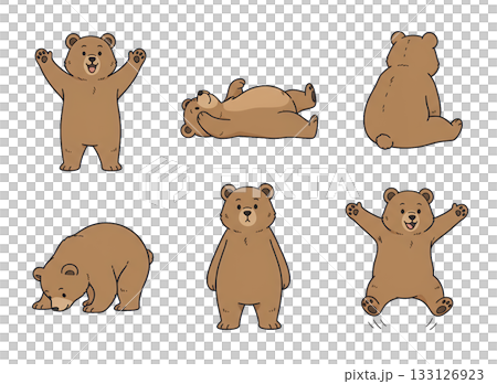 可愛いクマのイラストセット、色々なポーズの茶色の熊、手描き風、動物 可愛いクマのイラストセット、色々なポーズの茶色の熊、手描き風、動物 133126923