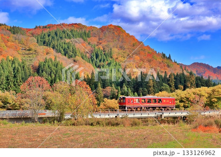 紅葉の中走る秋田内陸縦貫鉄道の気動車 133126962