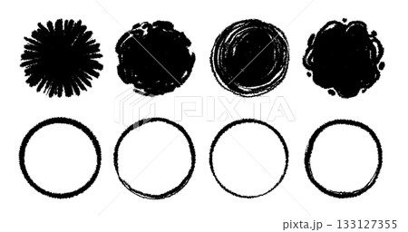 Hand drawn brush round vector set. Crayon pencil brush stroke black round shape. Scribble sketch hand drawn crayon, ink splash, rough dot texture circle elements. Vector Hand drawn brush round vector set. Crayon pencil brush stroke black round shape. Scribble sketch hand drawn crayon, ink splash, rough dot texture circle elements. Vector 133127355