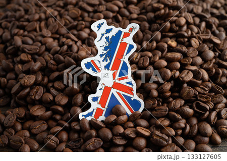 United Kingdom flag on coffee beans, shopping online for export or import food product. 133127605
