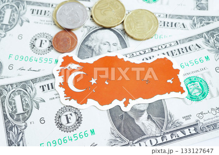 Turkey flag on coins background, finance and accounting, banking concept. 133127647