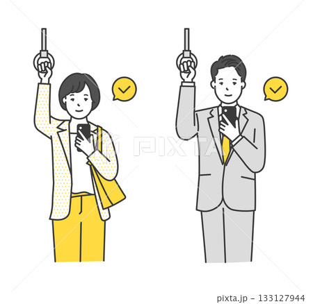 つり革につかまってスマホを見るビジネスパーソンのイラスト素材 つり革につかまってスマホを見るビジネスパーソンのイラスト素材 133127944